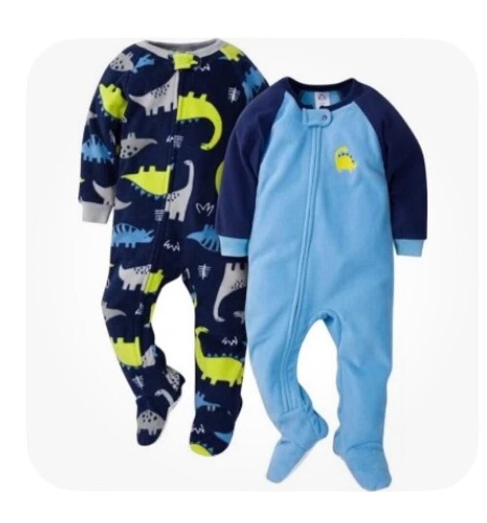 Gerber Footed Pajamas Boys 24 Months 2 Pc Fleece Blue Dinosaurs Zip Closure NWT